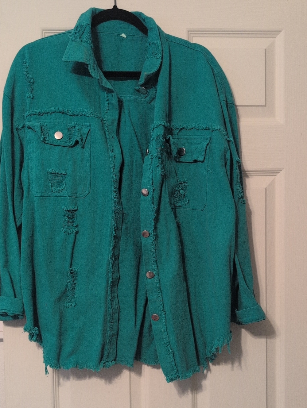 Distressed Green Button-Up Shirt Jacket